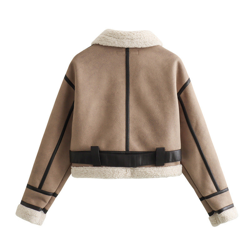 Women's Vegan Leather Coat with Lambswool Trim – Relaxed Zip Jacket