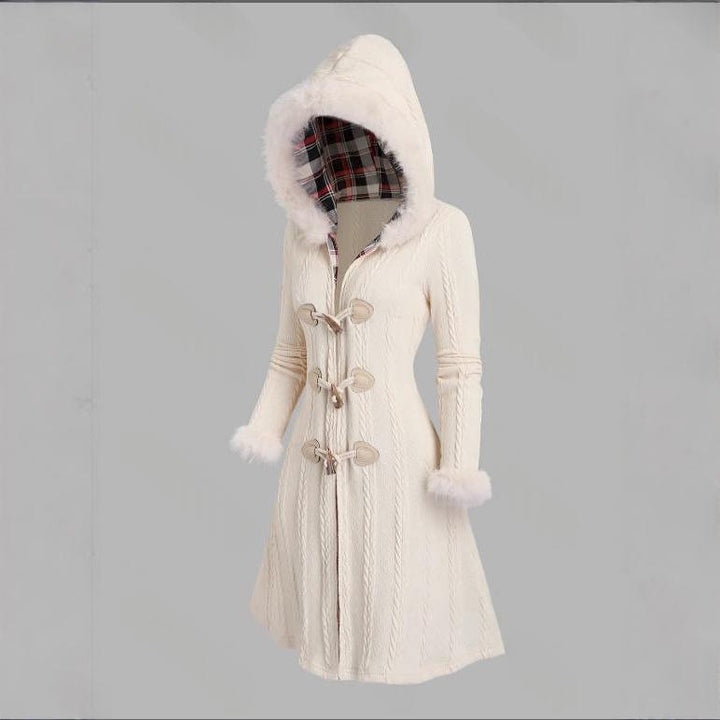 Women's Patchwork Hooded Coat – Bow Tie Detail, Elegant Longline Fit