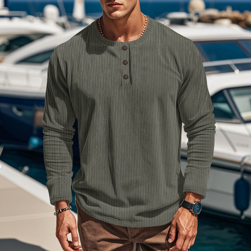 Corduroy Shirt for Men – Slim-Fit Pullover, Four-Button Long Sleeve