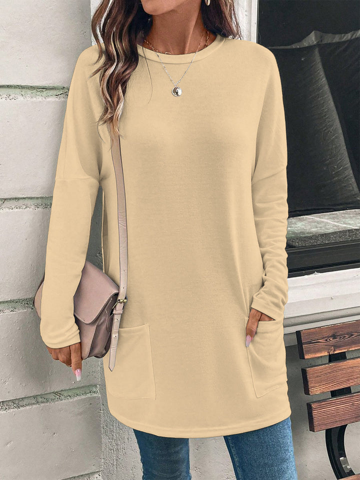 Women's Long Sleeve Cotton T-Shirt with Pocket – Relaxed Crew Neck