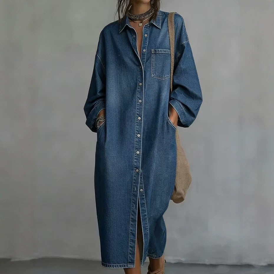 Women's Denim Look Shirt Dress – Loose Fit Single-Breasted Style