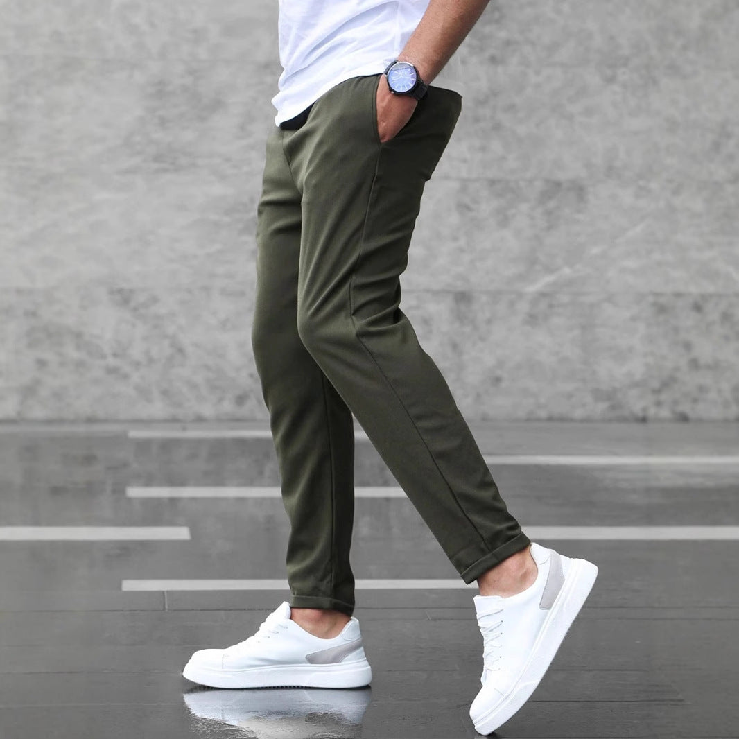 Men's Slim Fit Trousers – Cotton Drawstring Waist with Pockets