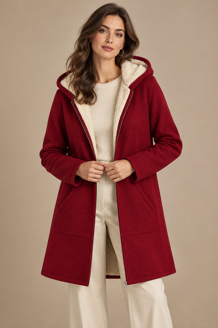 Women's Fleece Lined Mid Length Hooded Coat – Plush Layered Warmth