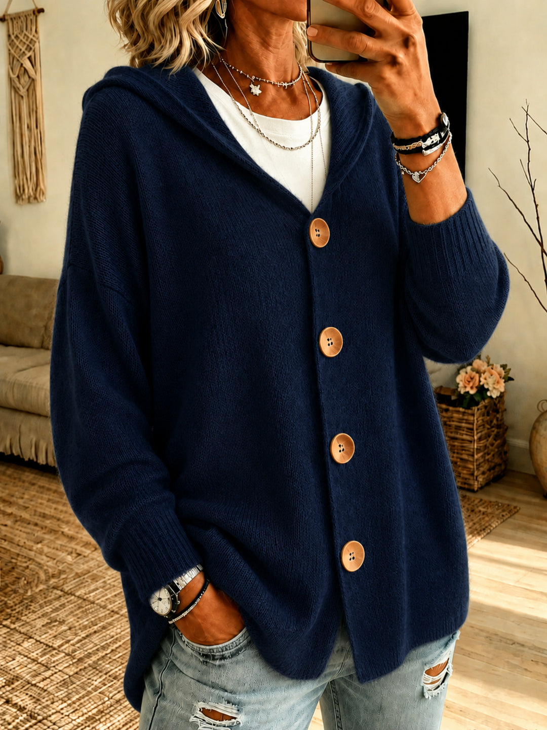 Women's Knitted Hooded Pullover Sweater Jacket – Relaxed Waffle Texture