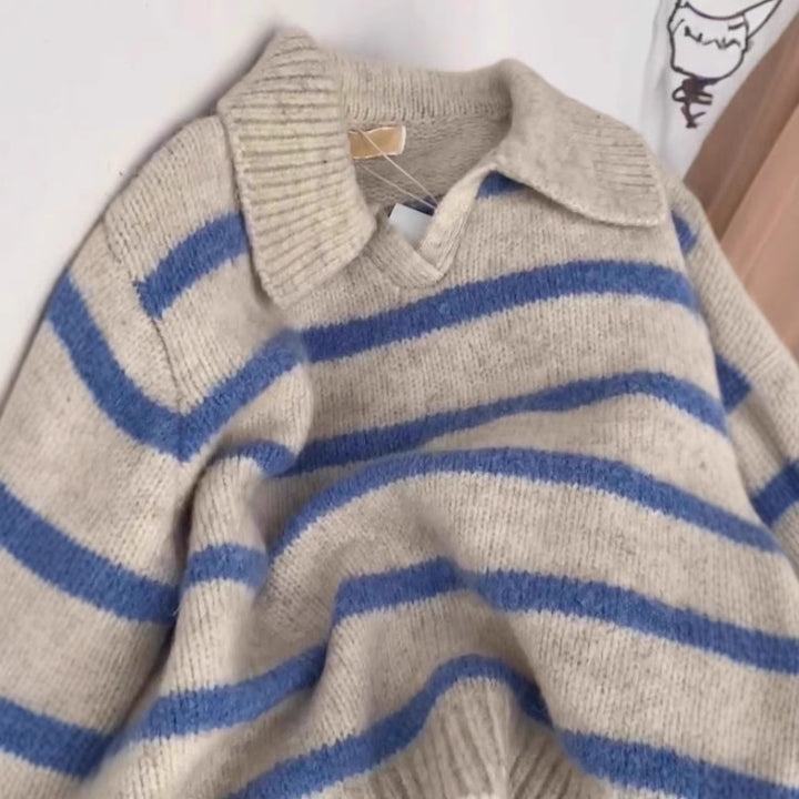 Women's Striped Sweater – Polo Collar Regular Fit Pullover Knit