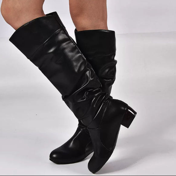 Women's Knee-High Flat Boot – Chunky Low Heel, Relaxed Shaft