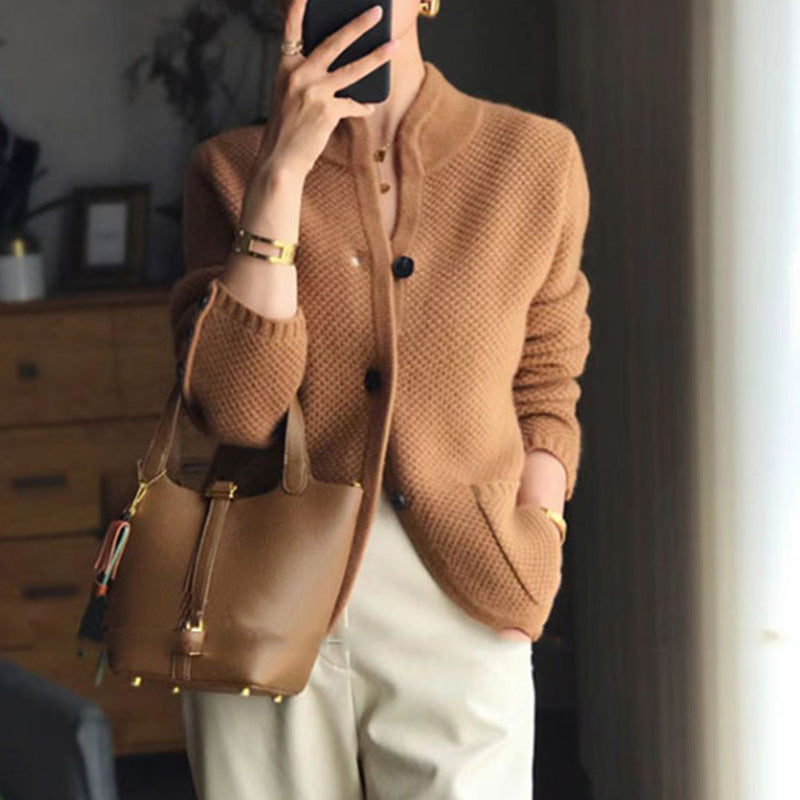 Women's Knit Cardigan – Textured Thick Stand Collar Button-Front
