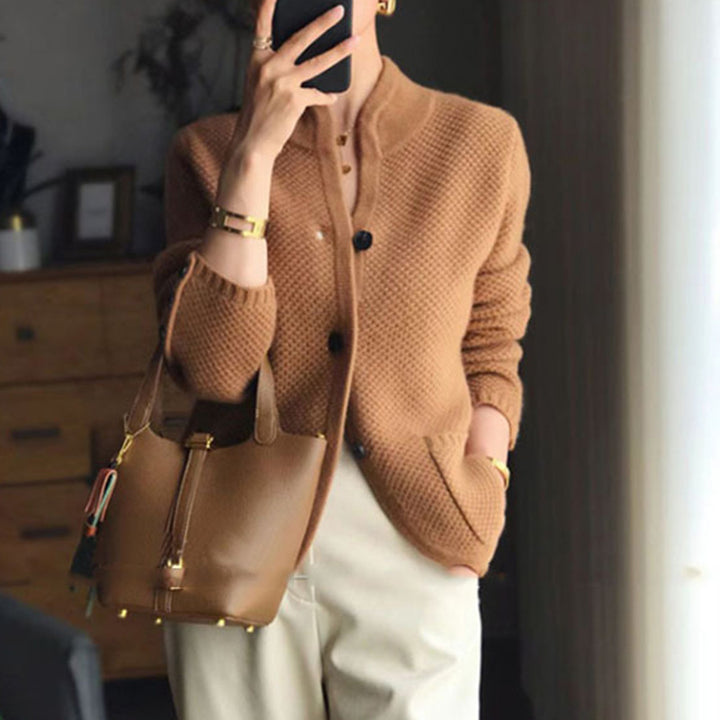Women's Knit Cardigan – Textured Thick Stand Collar Button-Front