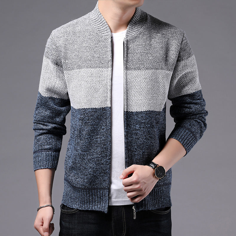 Men's Knitted Sweater – Thick Stripe Pattern, Warm Winter Layer
