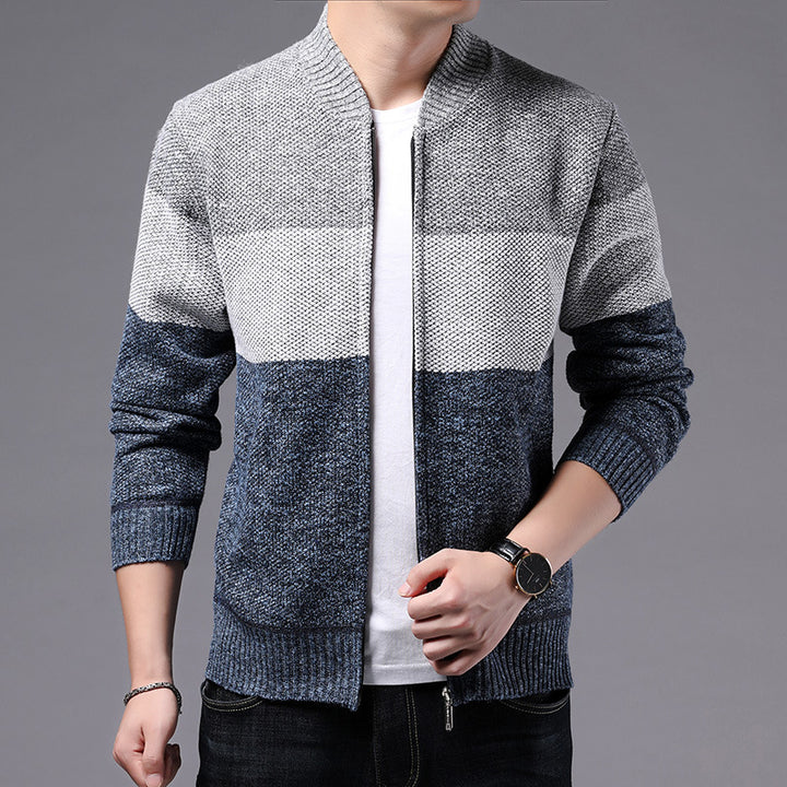 Men's Knitted Sweater – Thick Stripe Pattern, Warm Winter Layer