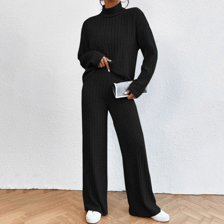 Women's Knit Two Piece Set – Ribbed Turtleneck Top & Trouser