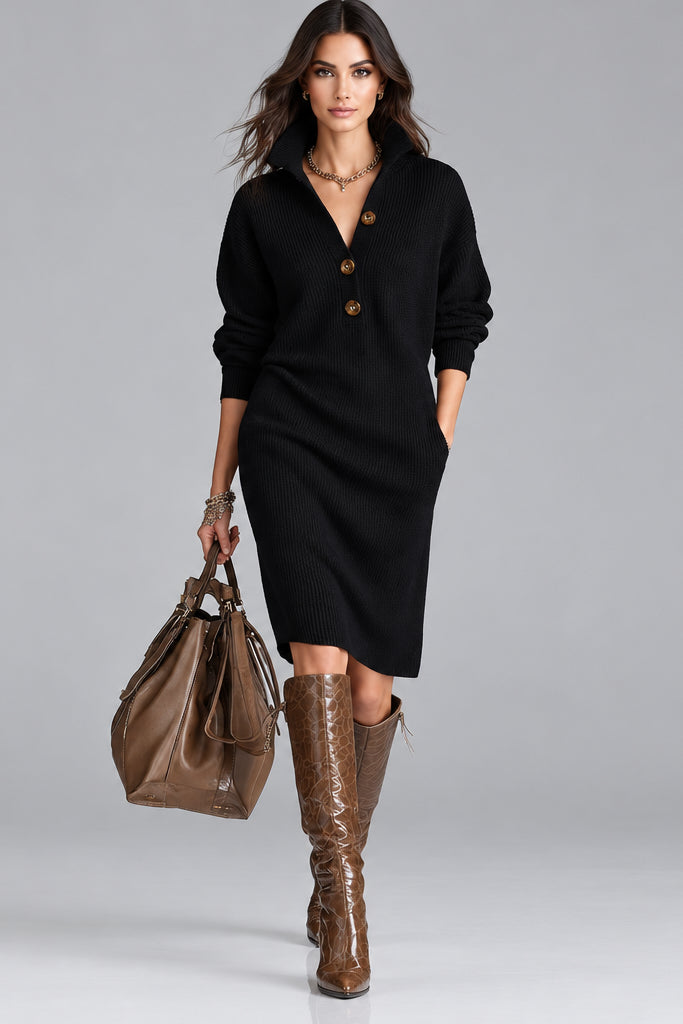 Women's Sweater Mini Dress – Stand Collar V-Neck Button Design