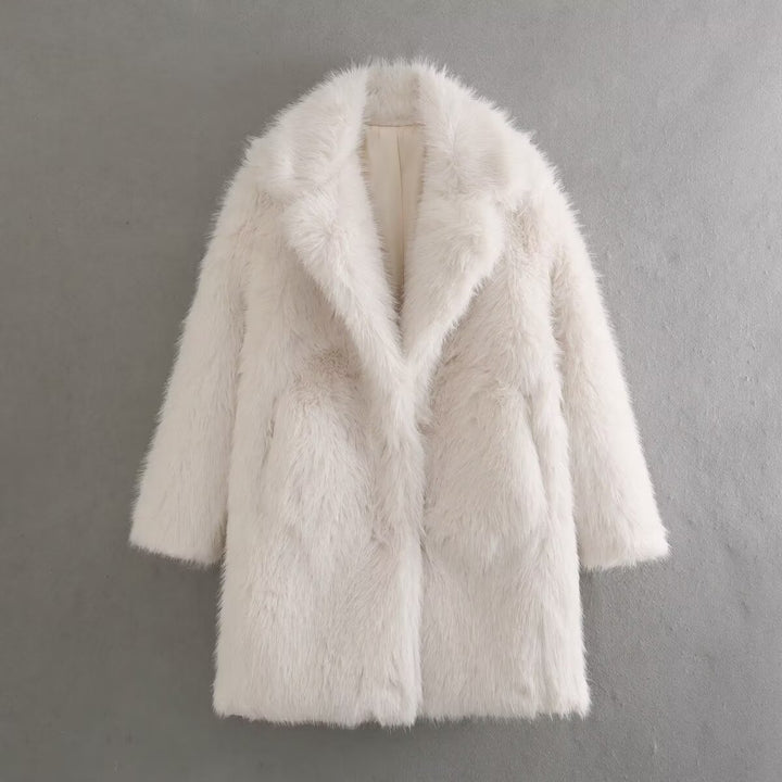 Women's Plush Mid-Length Overcoat – Relaxed Fit, Cozy Pockets