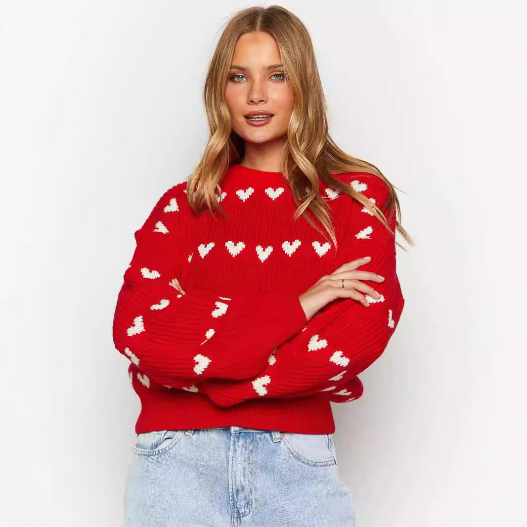 Heart Pattern Women's Jacquard Sweater – Two-Tone Knit Pullover