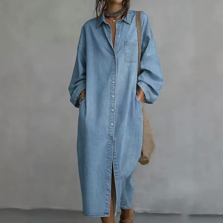 Women's Denim Look Shirt Dress – Loose Fit Single-Breasted Style