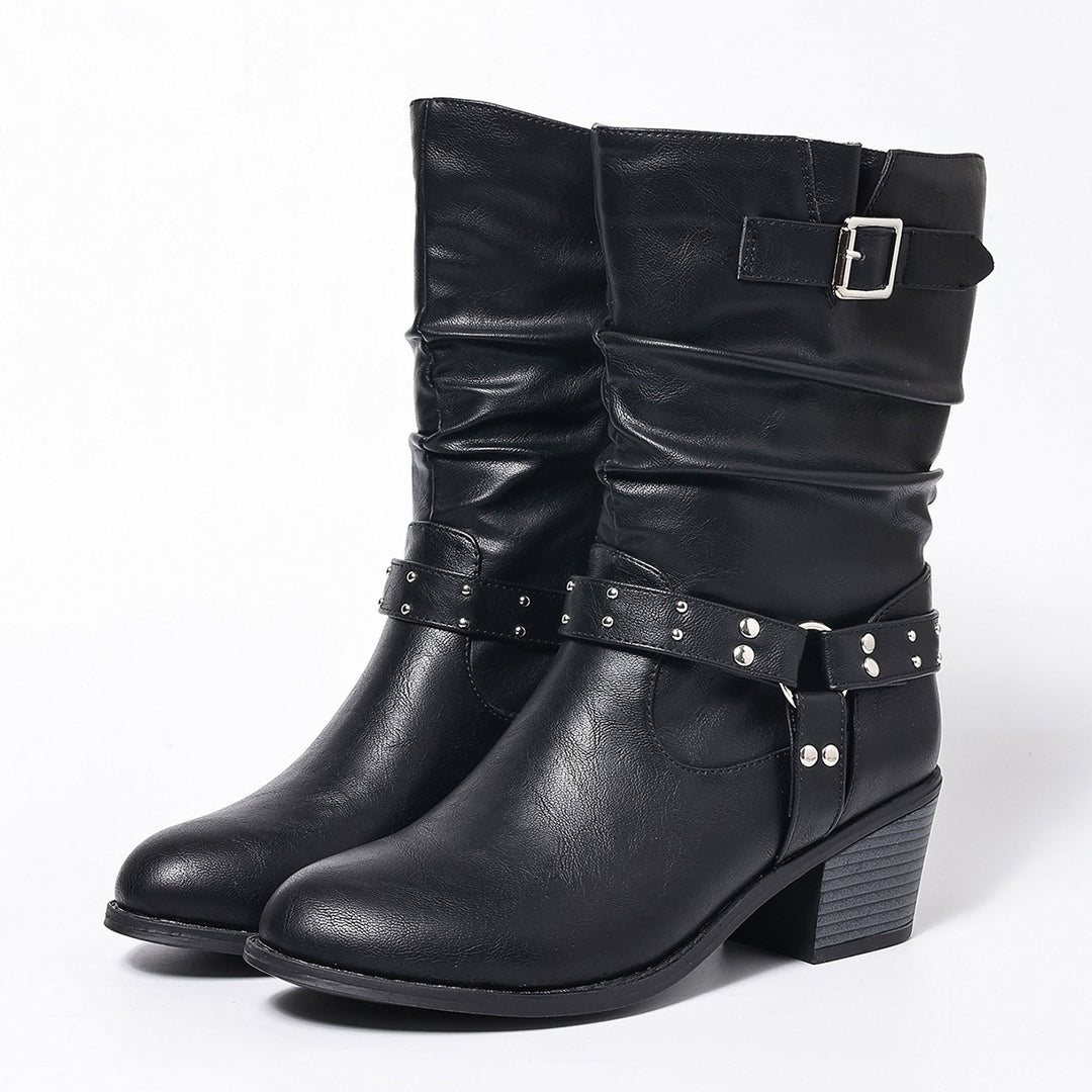 Leather Women's Boot with Pleated Belt, Rivet Detail, Chunky Heel