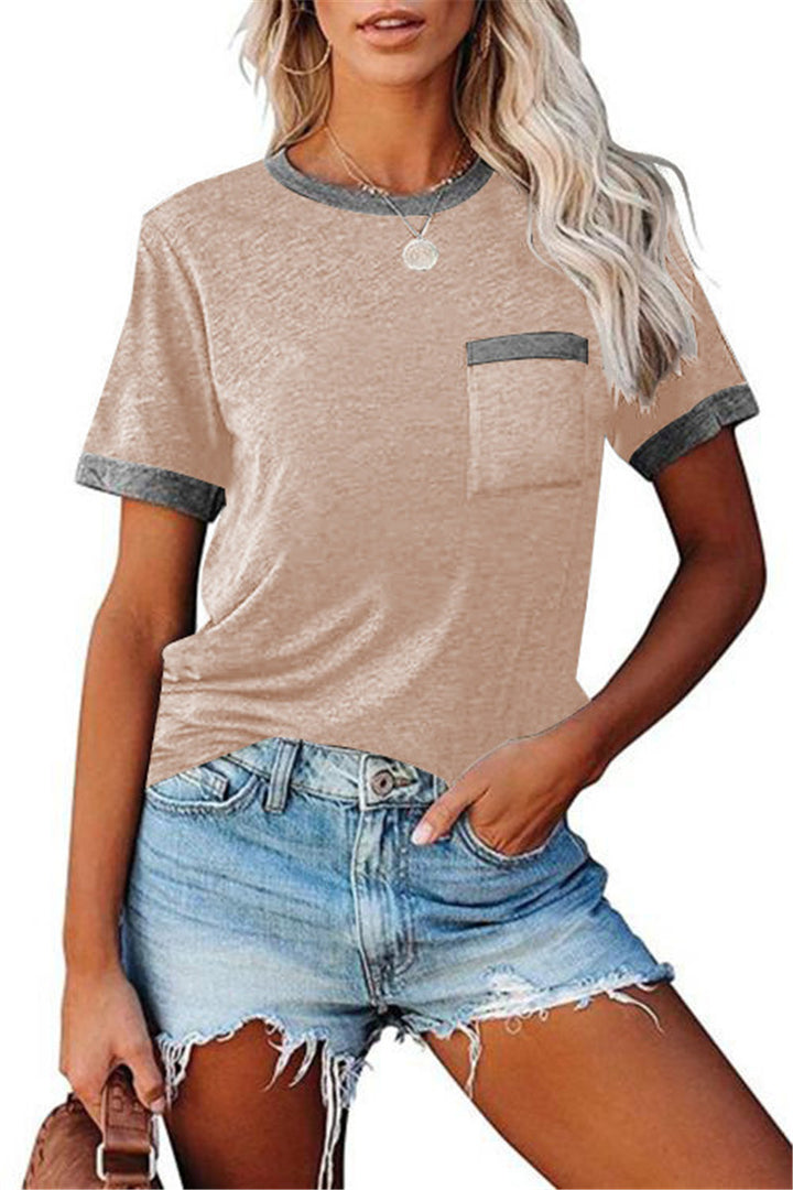 Women's Colorblock Top – Relaxed Fit Round Neck with Pocket