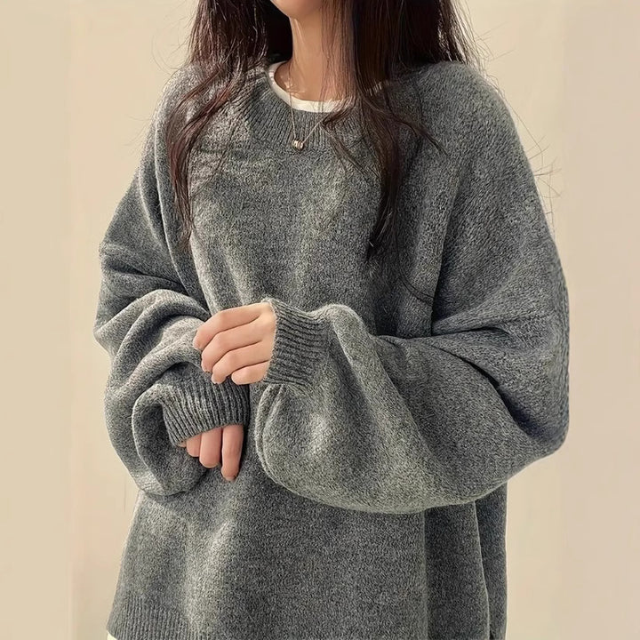Women's Retro Crew Neck Knit Sweater Pullover – Relaxed Drop-Shoulder