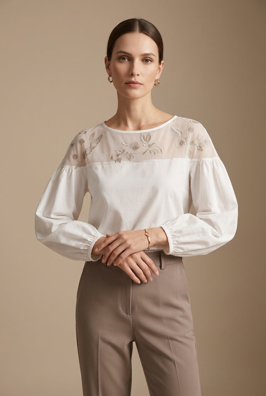 Women's Chiffon Blouse – Mesh Stitch, Plant Print, Long Sleeve