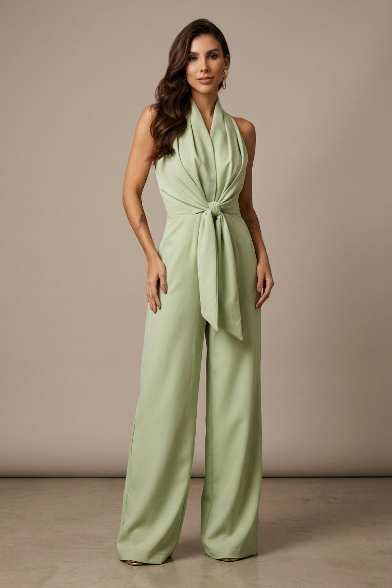Women's Linen Jumpsuit – Sleeveless V-Neck, Full Length, High Waist