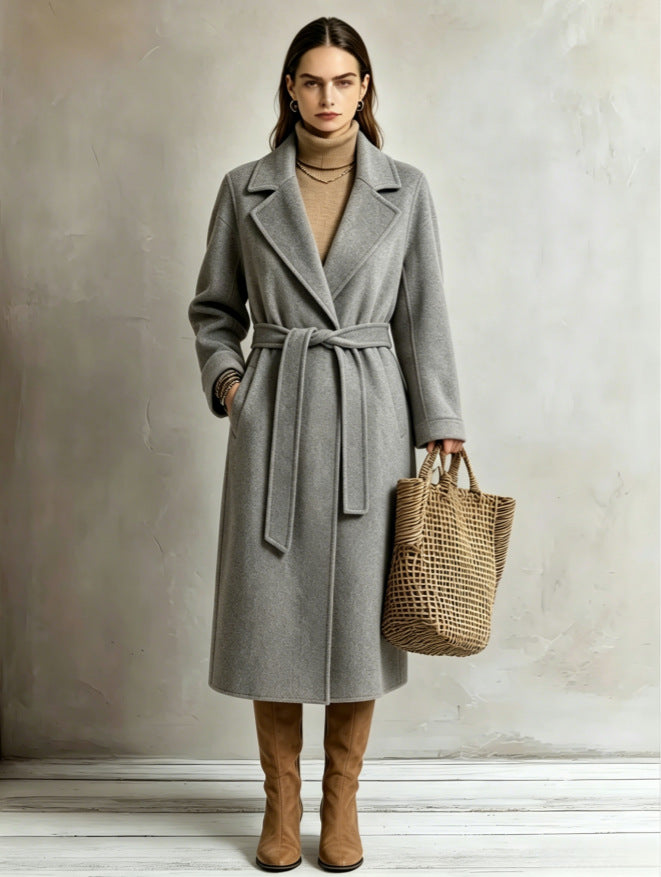 Women's Wool Lapel Coat – Relaxed Fit, Lace-Up Detail