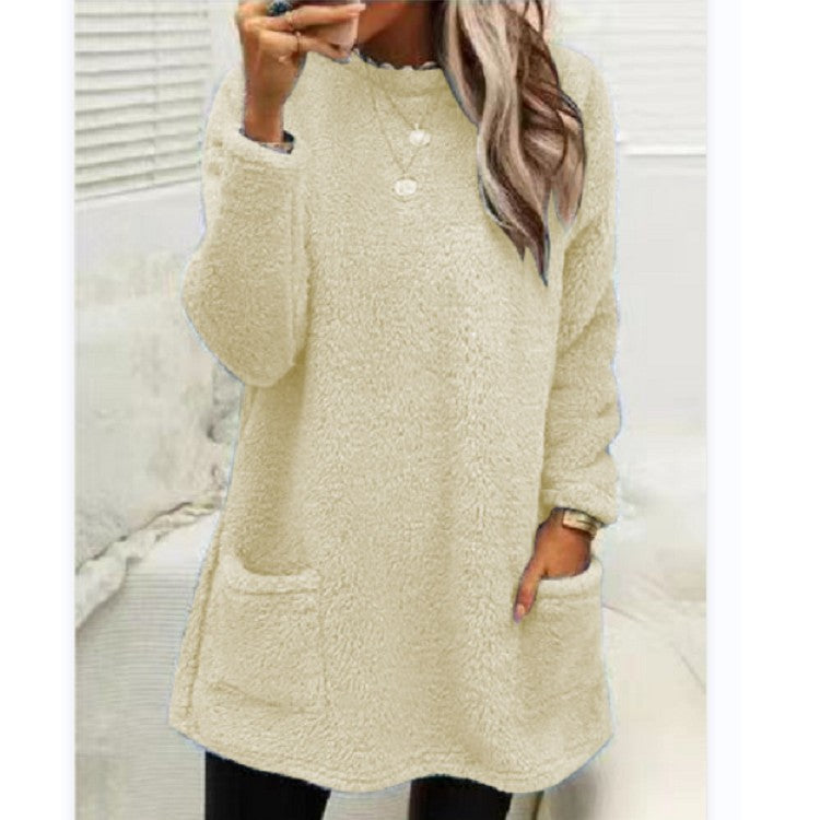 Fleece Pullover Sweater – Women's Longline Plush Top with Pockets