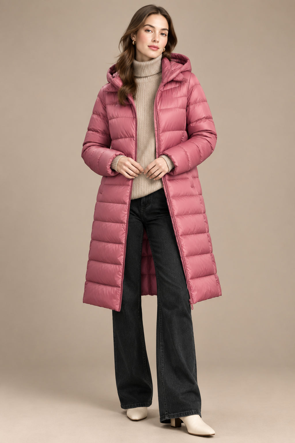 Women's Down Puffer Jacket Hooded – Mid-Length, Detachable Hood