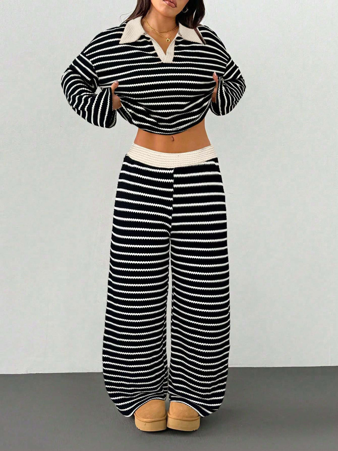 Striped Knit Two Piece Set for Women – Long Sleeve Top & Pants