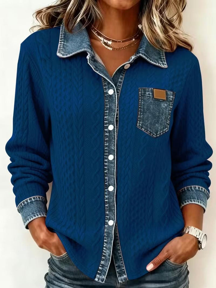 Women's Cable-Knit Plaid Shirt – Textured Long Sleeve Classic Style