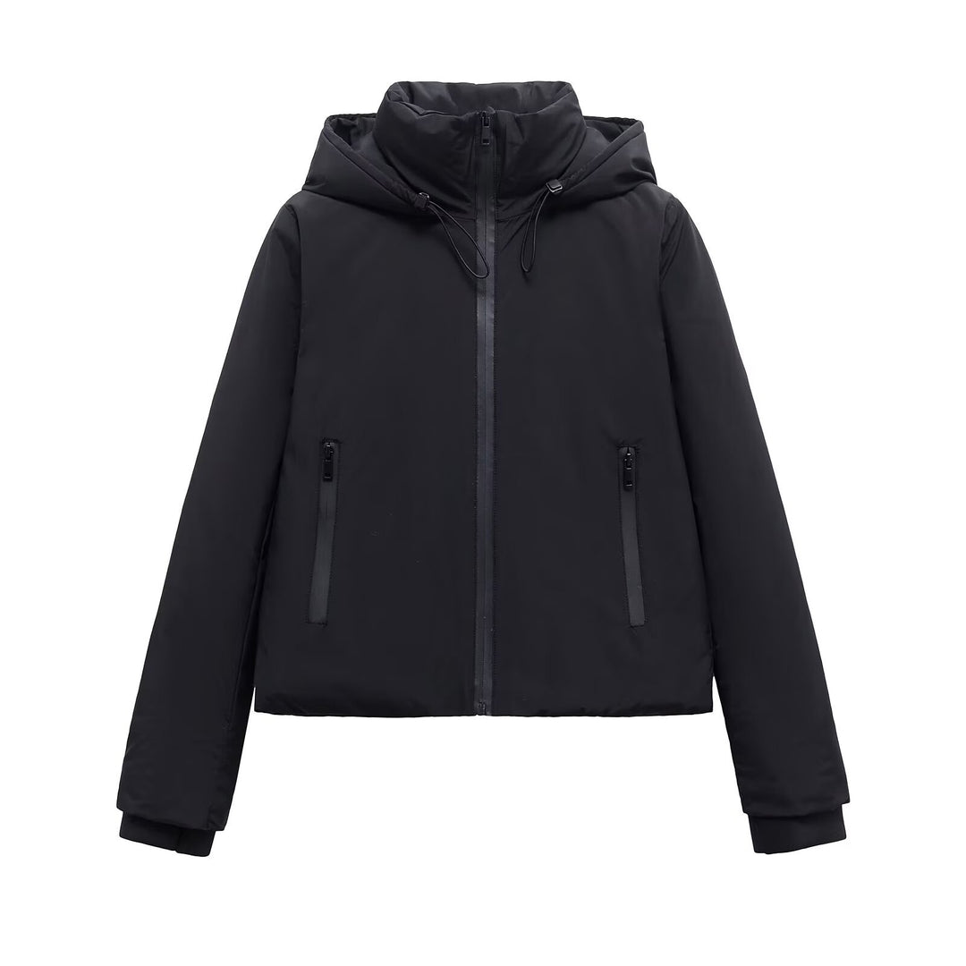 Women's Short Hooded Padded Jacket – Modern Zip-Front Streetwear