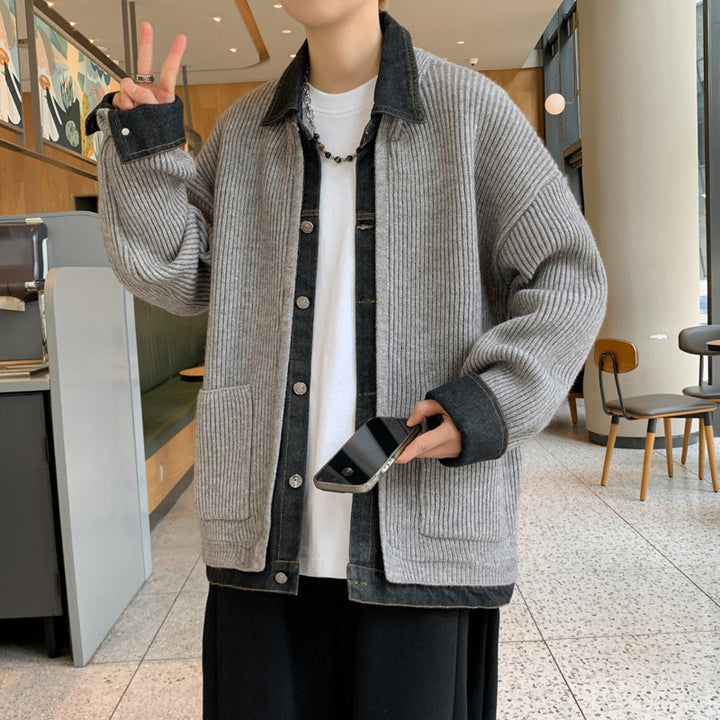 Men's Knitted Cardigan – Cotton & Rabbit Fur Coat with Denim Patches