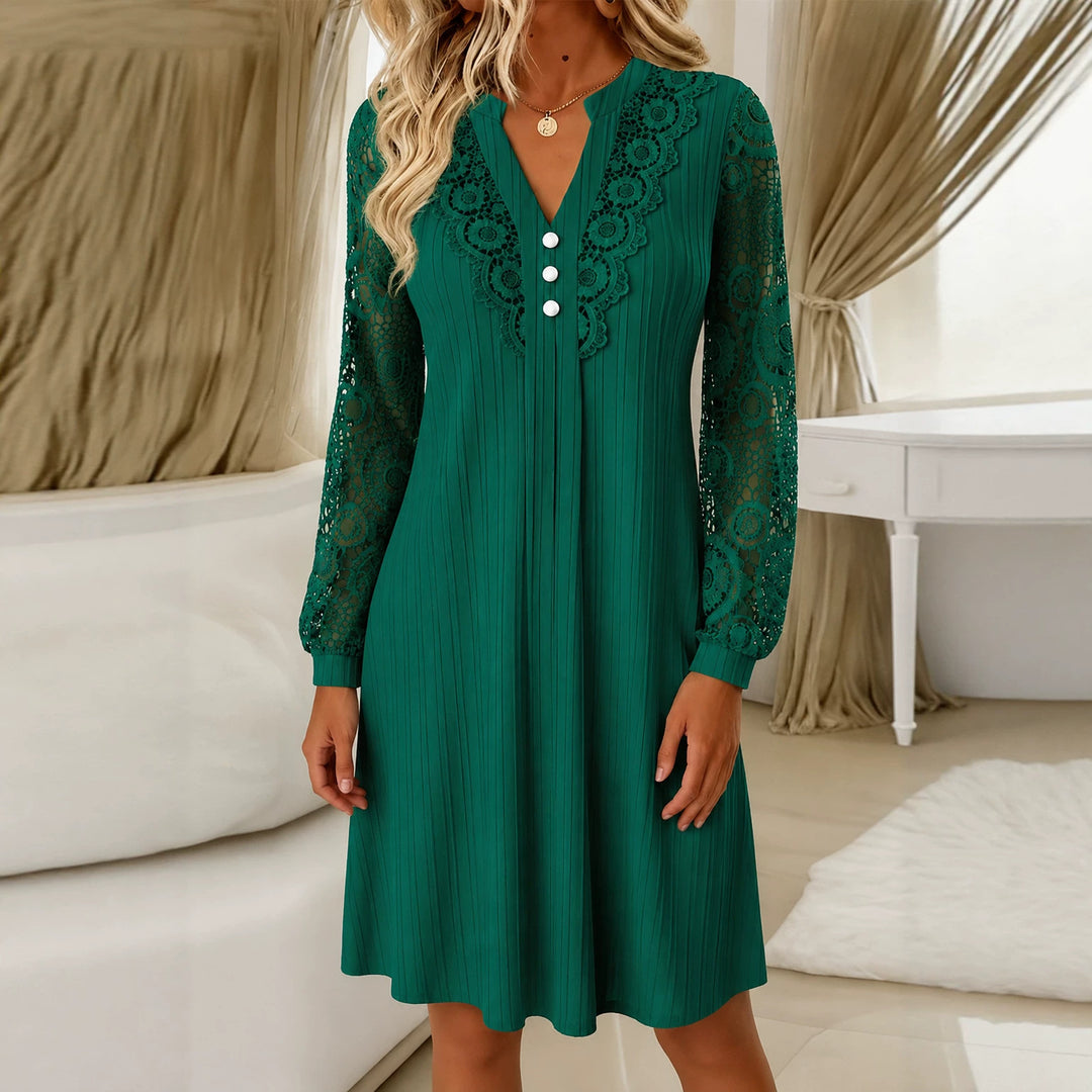 Lace Maxi Dress for Women, Patchwork, V-Neck, Lantern Sleeve