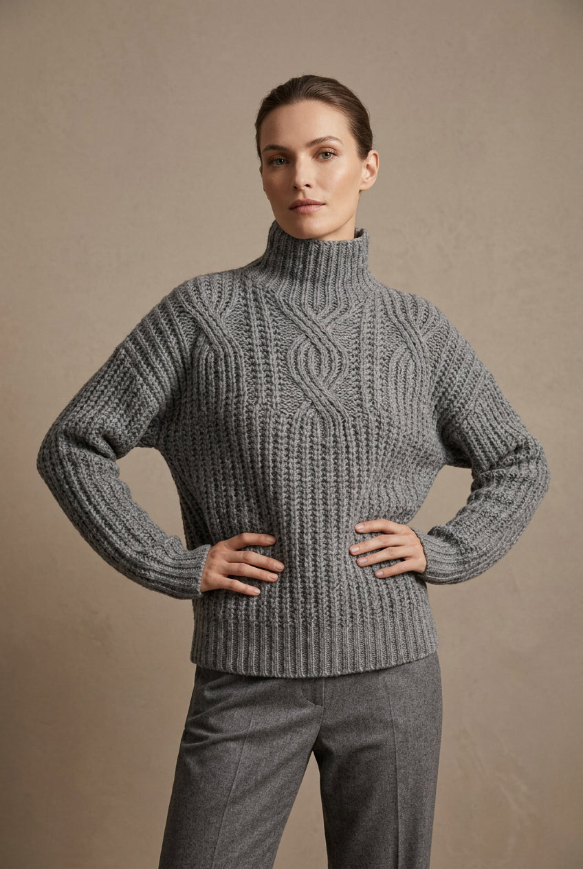 Women's High Neck Sweater – Chunky Ribbed Twist Knit Pullover