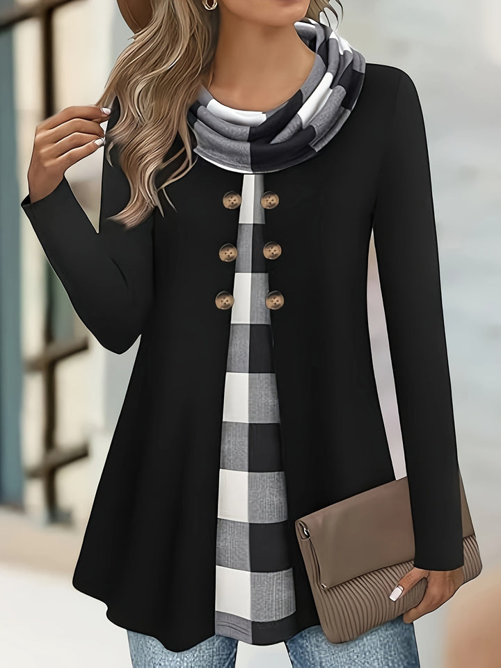 Patchwork Cotton-Blend Long-Sleeve Top for Women with Button Detail
