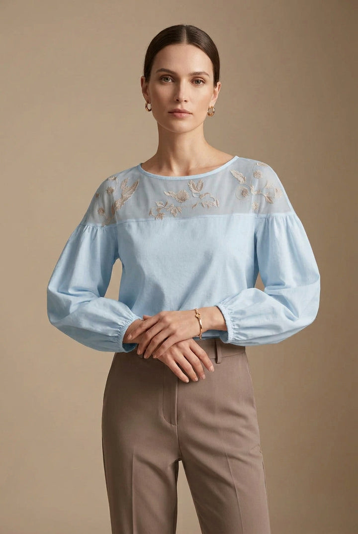 Women's Chiffon Blouse – Mesh Stitch, Plant Print, Long Sleeve
