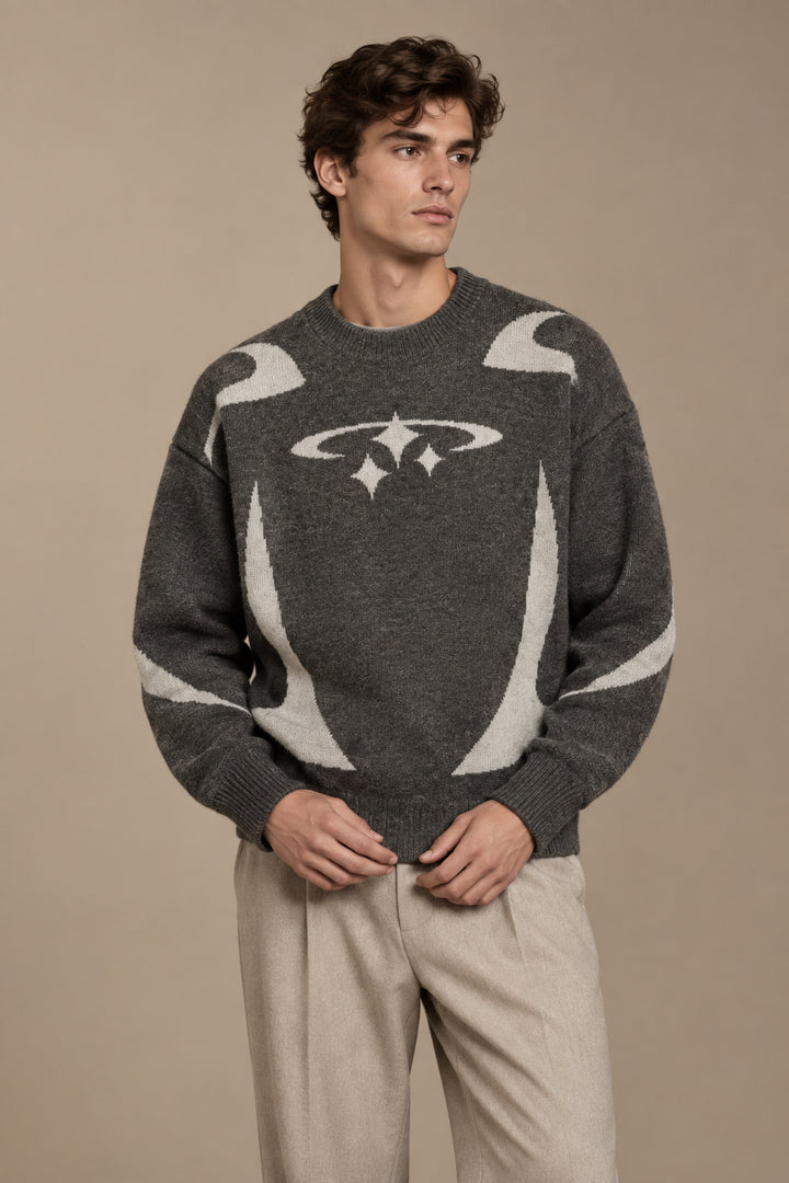 Men's Abstract Jacquard Knit Sweater – Loose Medium-Length Pullover
