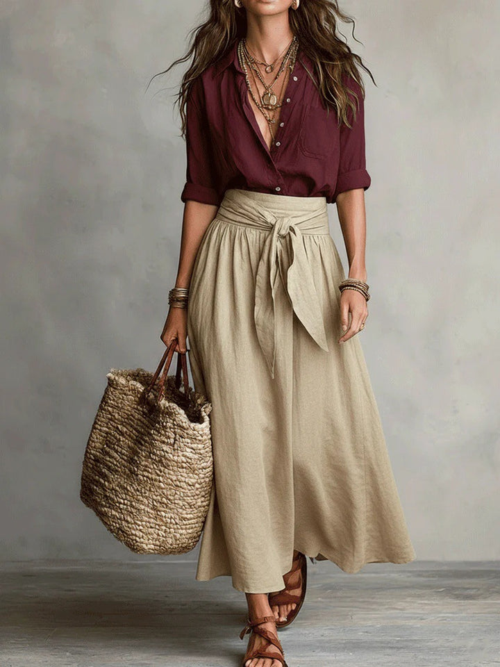 Women's Two Piece Set – Cotton Short-Sleeve Shirt & Straight Skirt