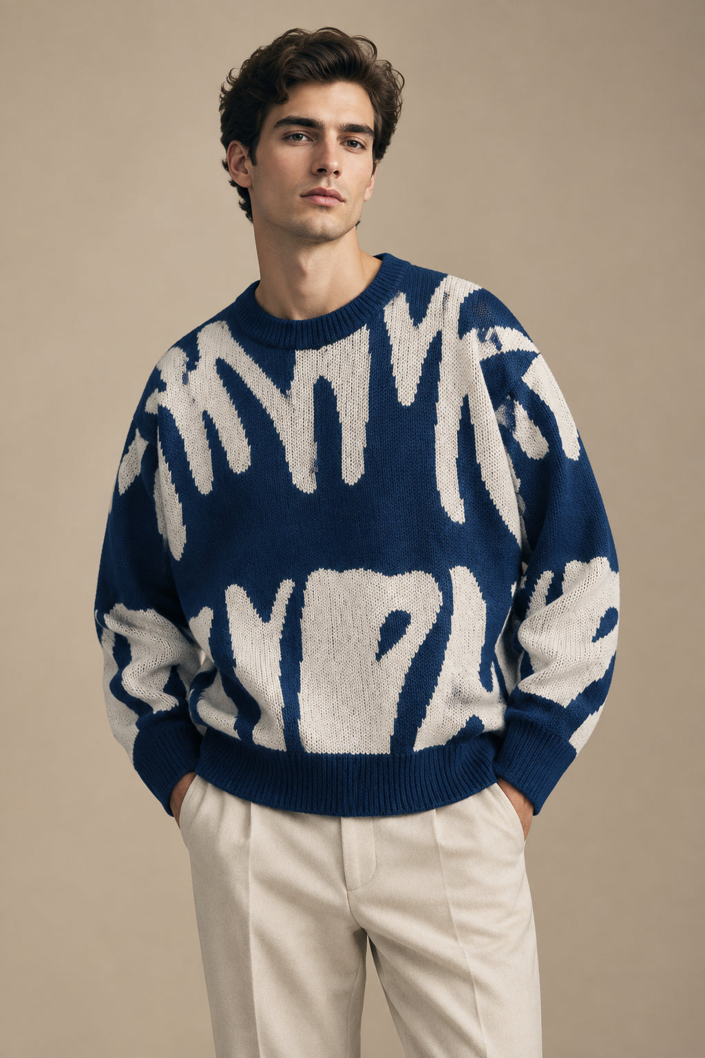 Men's Knit Sweater – Minimalist Print, Loose Casual Pullover