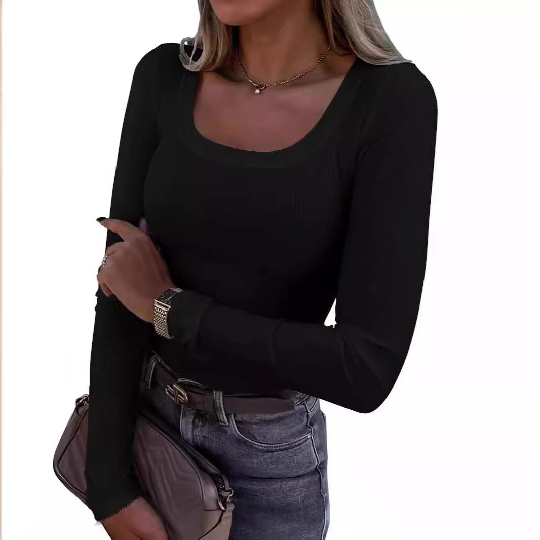 Women's Slim-Fit Ribbed Long-Sleeve T-Shirt – U-Neck with Side Slits