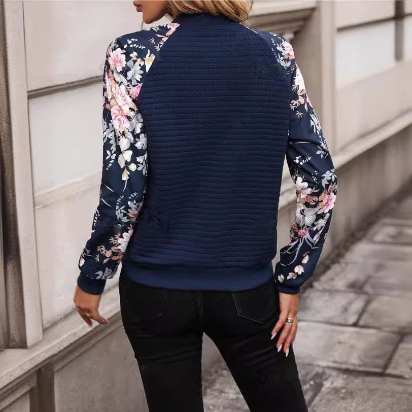 Women's Printed Casual Jacket – Botanical Pattern Raglan Sleeves