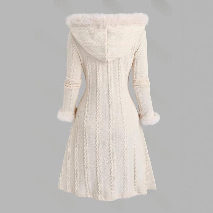 Women's Patchwork Hooded Coat – Bow Tie Detail, Elegant Longline Fit