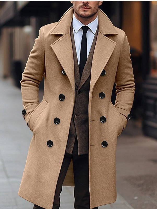 Men's Long Double-Breasted Overcoat – Wide Lapel Tailored Fit