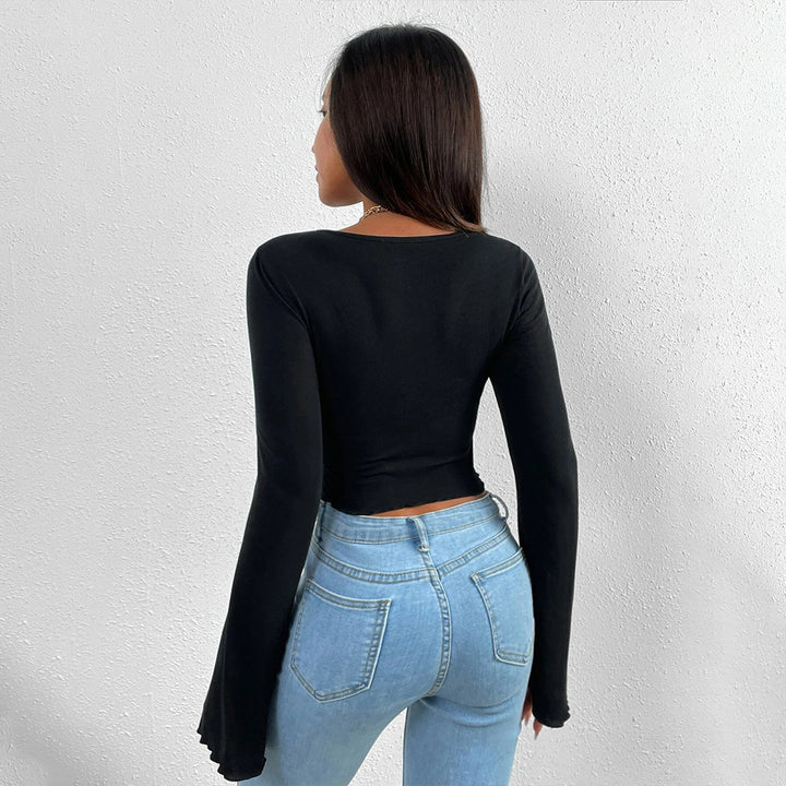 Women's Flared Sleeve V-Neck Top – Waist-Shaping Pullover Style