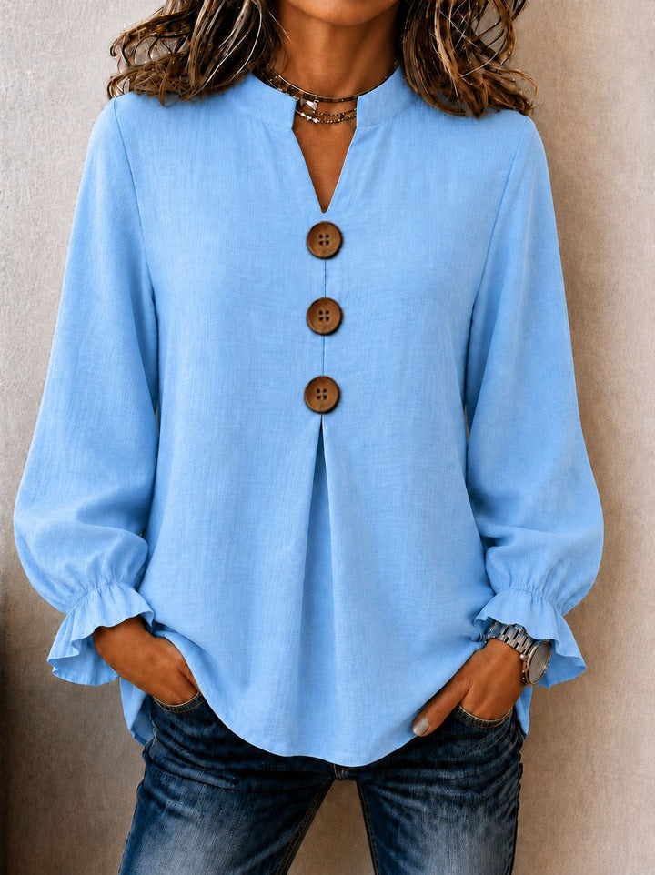 Women's Cotton Blend Ruffle Sleeve V-Neck Button-Up Top