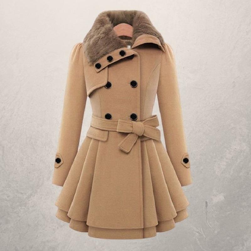 Women's Wool Blend Coat – Double-Breasted Slim Mid-Length Jacket