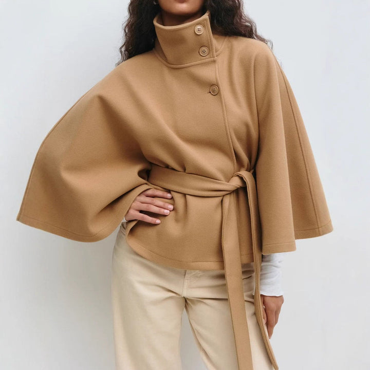 Trench Coat for Women – Stand Collar, Belted Batwing Silhouette