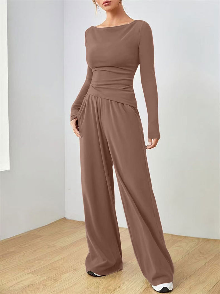 Women's Two Piece Set – Cotton Long Sleeve Suit with Relaxed Trousers