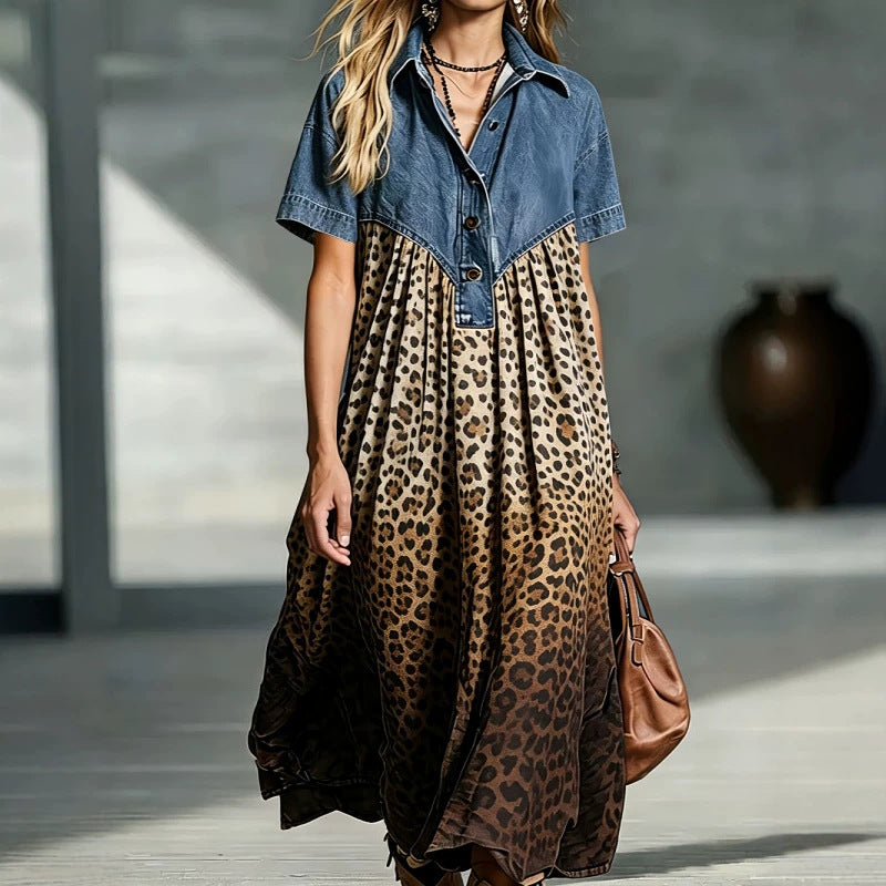 Leopard Patchwork Midi Dress – Women's A-Line Button-Front Cotton