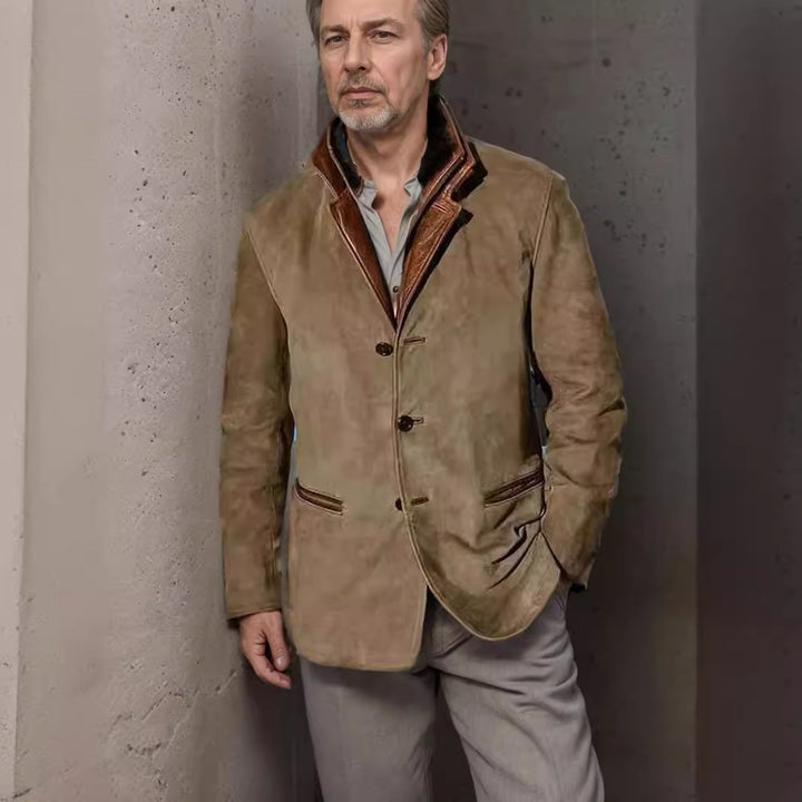 Men's Patchwork Jacket – Retro Style with Contrast Collar & Patch Pockets