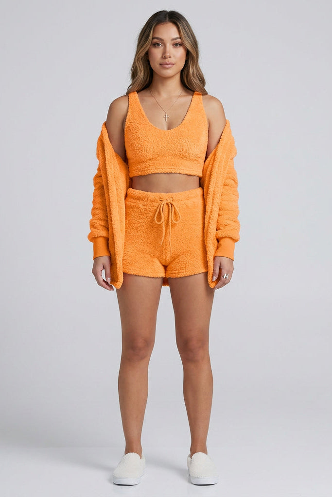 Women's Plush Loungewear Set – Sweater, Vest & Wide Leg Shorts